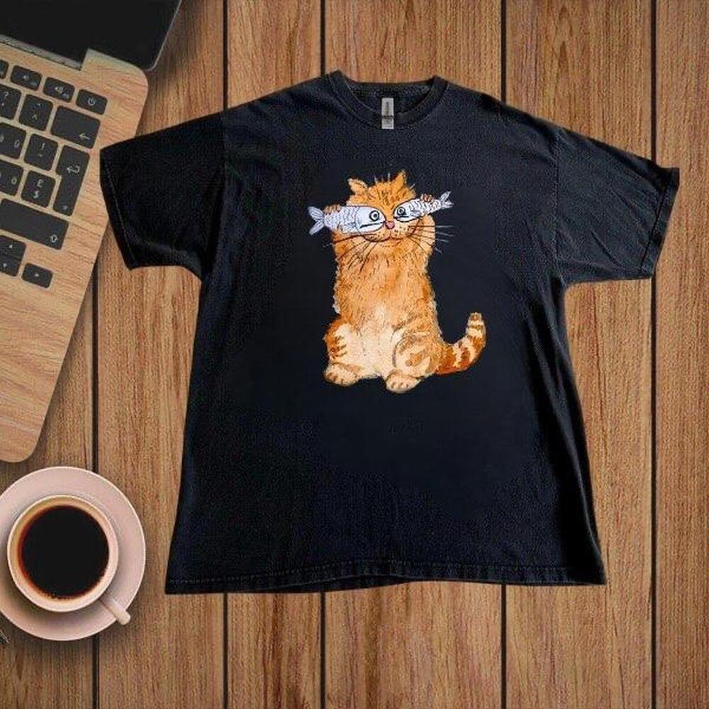 Funny Cat T-Shirt With Fish On Face , Black And Orange Cotton Tee